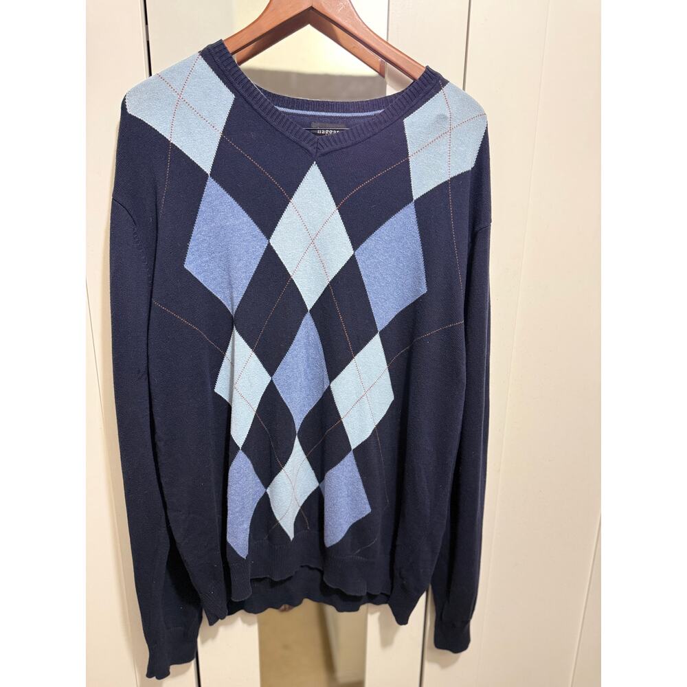 Haggar Navy Blue Argyle‎ V-Neck Sweater Men’s XL Classic Pullover Knit